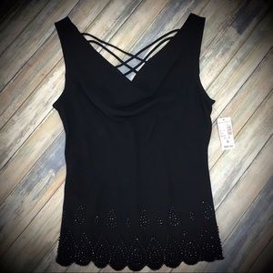 Black formal sleeveless beaded cross-cross top